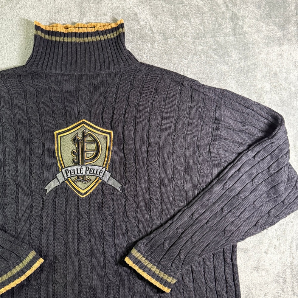 VTG Pelle Pelle Men's Cable Knit Turtleneck Sweater Navy Blue Shield Logo Sz 3XL